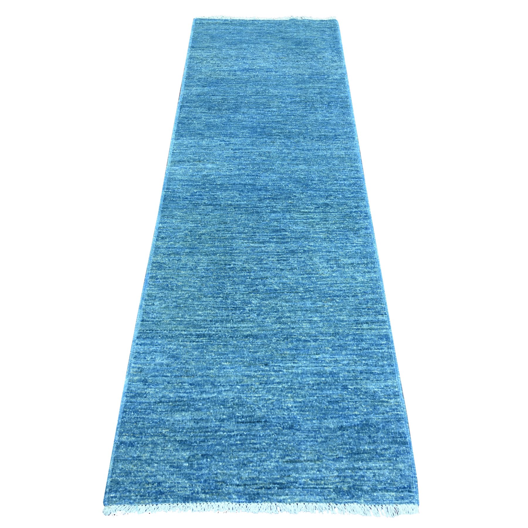 2'5"x7'9" Imperial Blue, Plain Solid Pattern, Hand Knotted, Lush and Plush, Hand Spun Ghazni Wool, Runner, Oriental Rug 